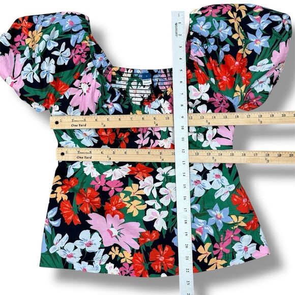 Old Navy Floral Puff Sleeve Flared Hem V Neck Top Shirt Blue Multi Small - Picture 12 of 13